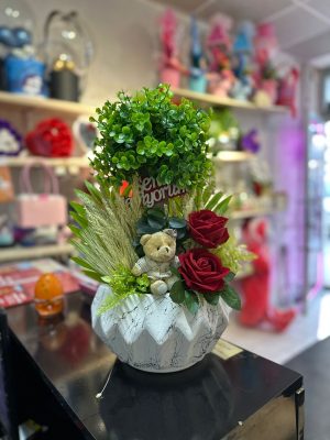 Seni Seviyorum Mesajlı Yeşil Top Ağaç, Kırmızı Gül ve Ayıcıklı Aranjman