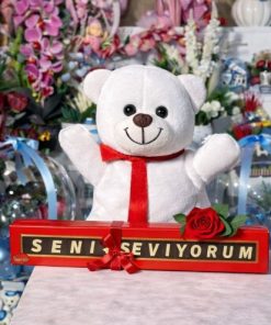 Beyaz Peluş Ayıcık Seni Seviyorum Çikolatalı Kırmızı Gül Hediyeli