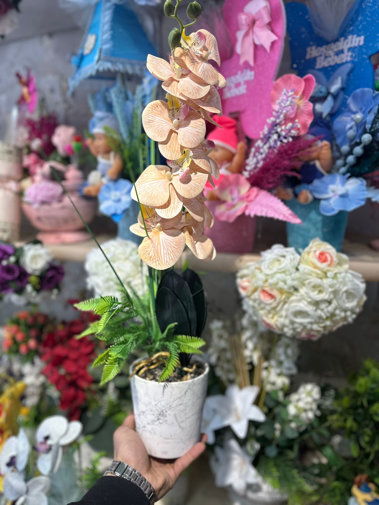 YAPAY ORKİDE SERAMİK VAZOLU